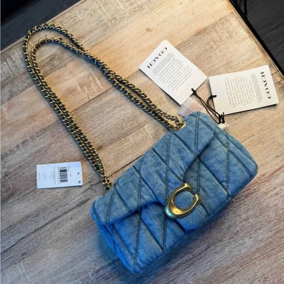 Coach Denim Quilted Shoulder Bag with Gold Chain - Picture 1 of 6